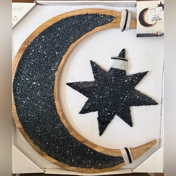 Beaded and Glitter Crescent Moon & Star Wall Decor - Navy Measurements in photos - Picture 1 of 6